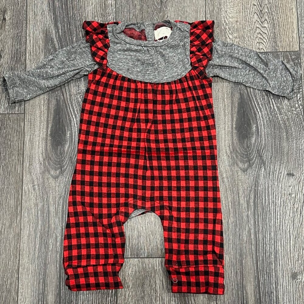 NWT Miki Miette Red & Black Gingham Long-sleeved Onesie, Size 3M